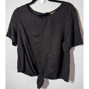 IO Women Small Black Tencel Lyocell Short Sleeve Tie Front Blouse Button Up Back